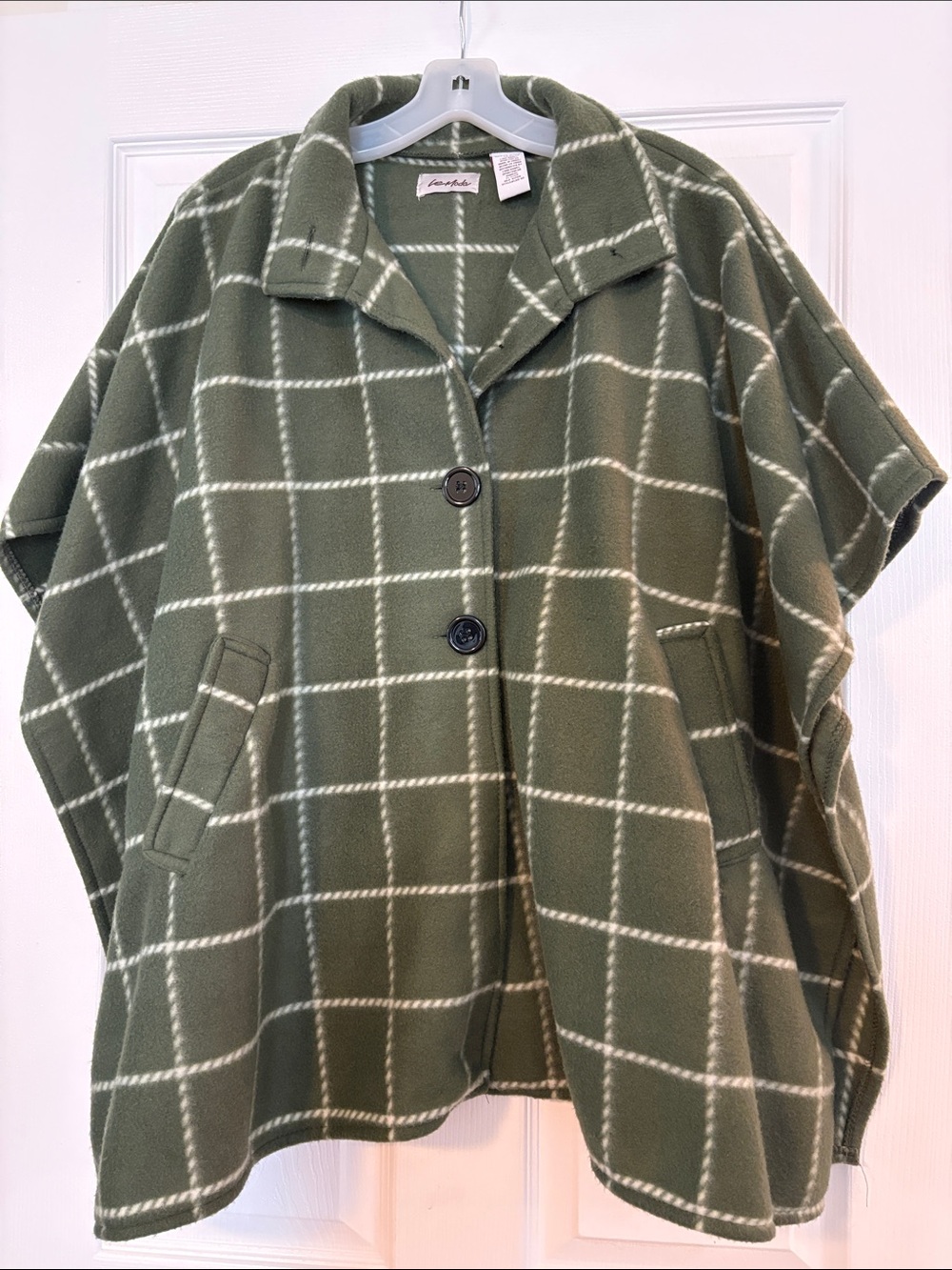 Le Moda Olive Green & Cream Windowpane Button Poncho